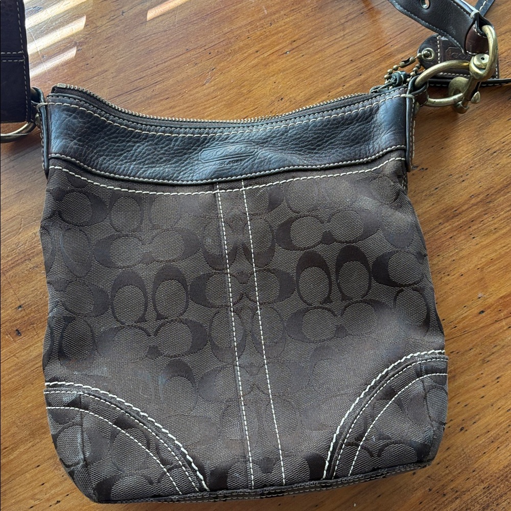 Coach Signature C Brown Canvas Leather Trim Crossbody Shoulder Bag. - Picture 6 of 7